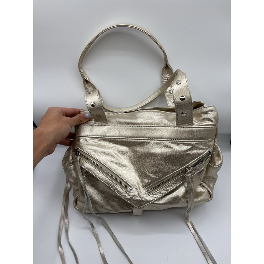 Botkier Metallic White Gold Leather Trigger Satchel‎ Purse Shoulder Bag EUC
